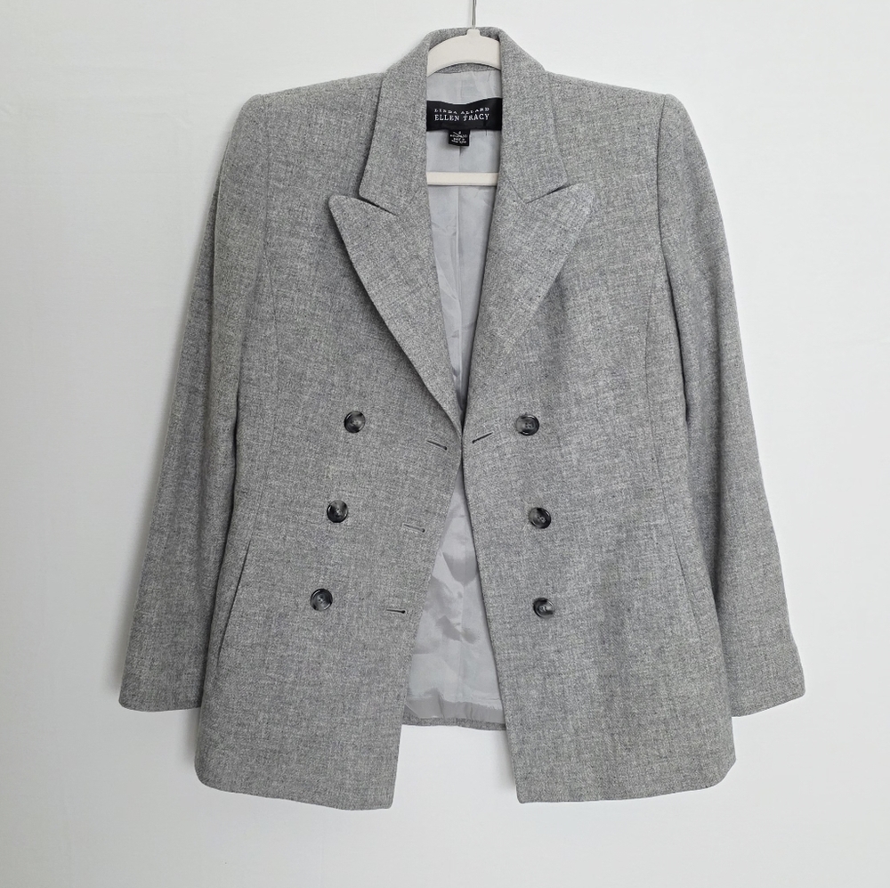 Linda Allard Ellen Tracy 100% Lambswool Double Breasted Gray Women Blazer Size 4